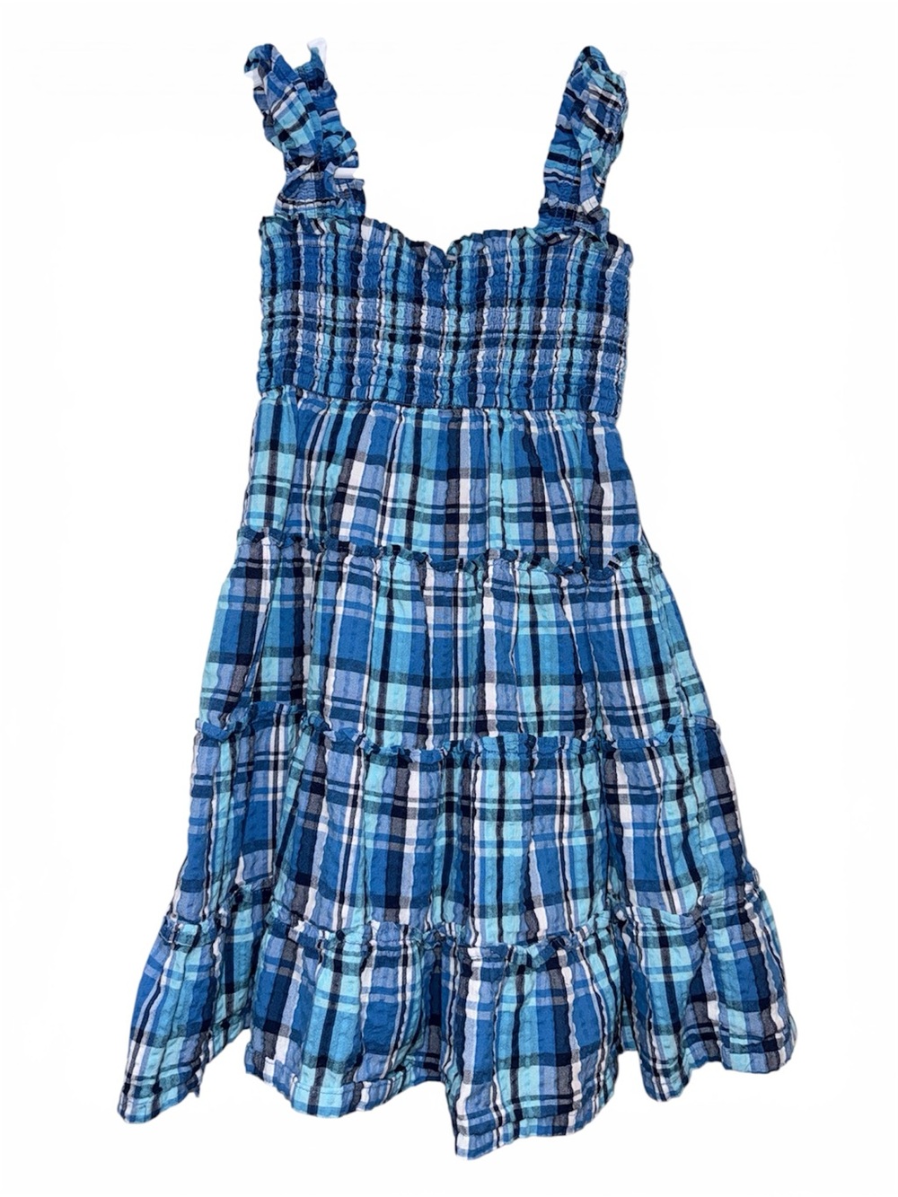 Crown & Ivy Kids Girls Smocked Tiered Plaid Dress Blue Size 6 EUC